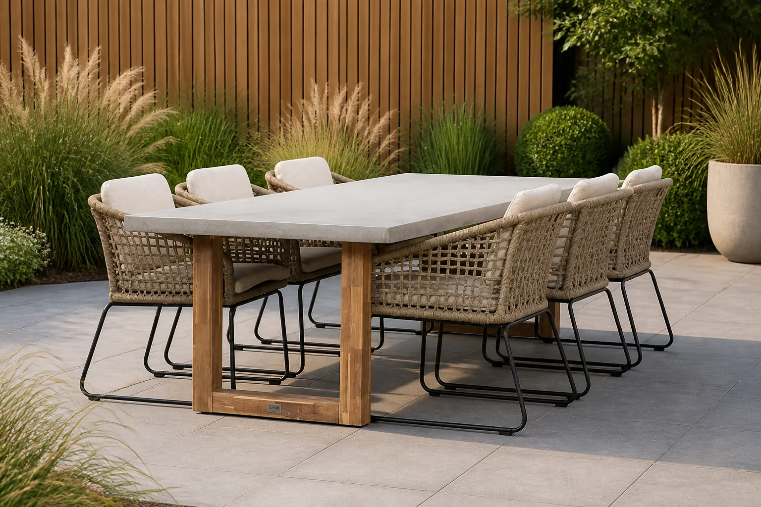 Sfeerfoto van BUITEN living Lausanne/Tulum Sahara Dust dining tuinset | 6 personen | betonlook + touw | 250cm – Zand