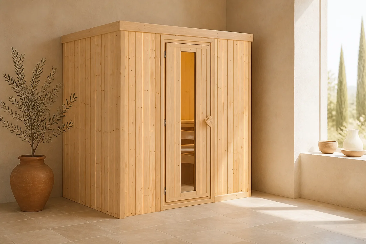 Sfeerfoto van Karibu | Fanja Sauna met Dakkraag | Helderglas Deur | Biokachel 3,6 kW Externe Bediening