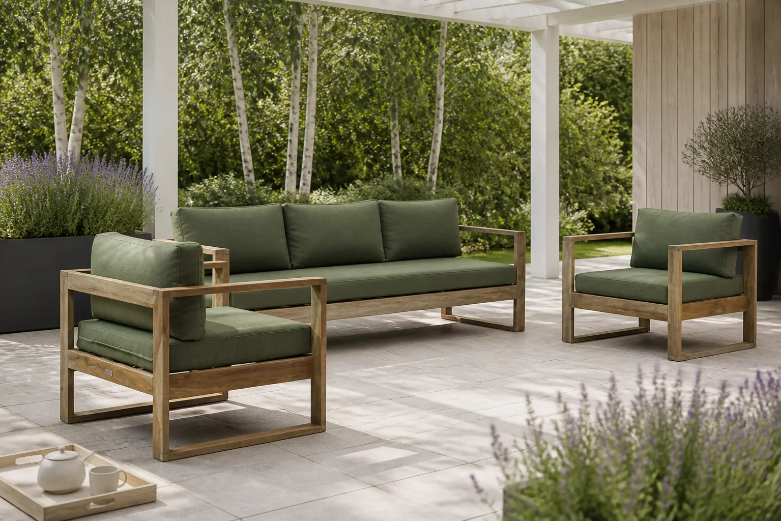 Sfeerfoto van Garden Collections Newbury stoel-bank loungeset 3-delig – Old teak greywash