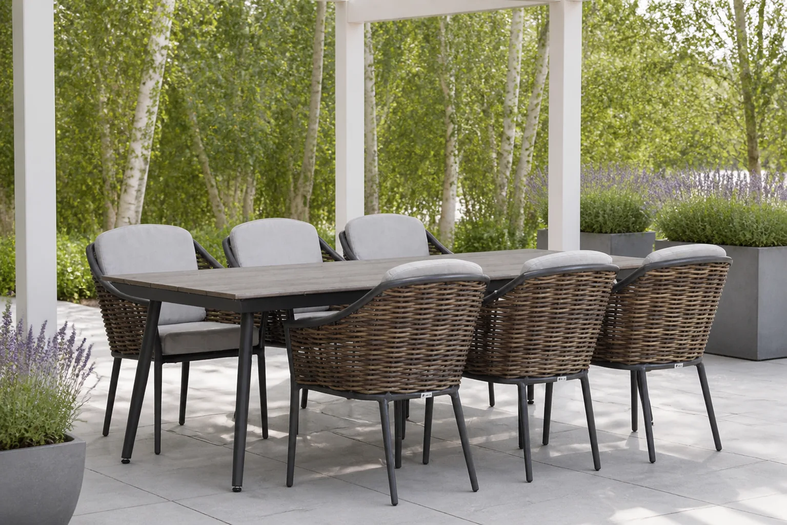 Sfeerfoto van Coco Olivine/Matale 240 cm dining tuinset 7-delig – Grijs-antraciet