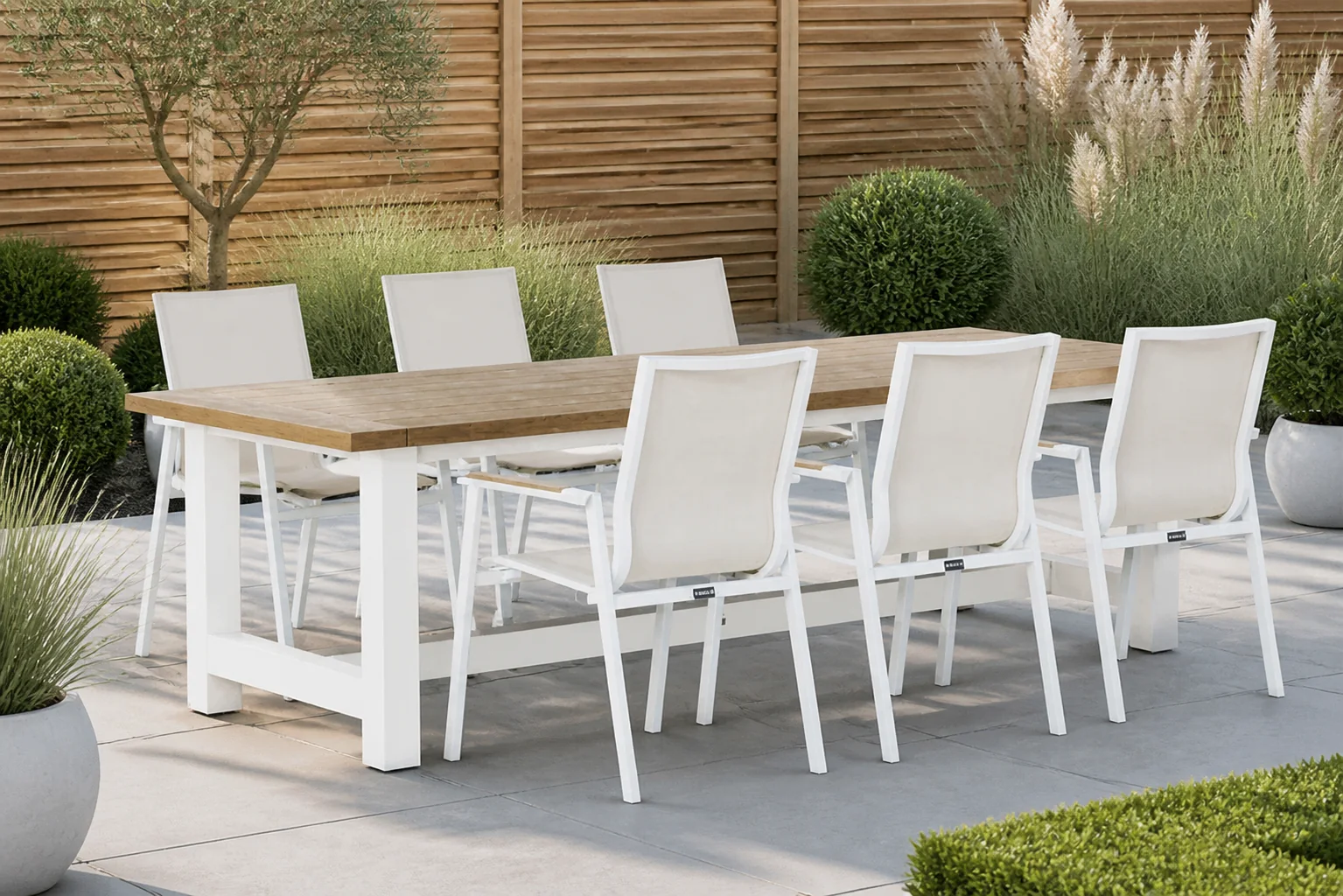 Sfeerfoto van Lifestyle Garden Furniture Fiora/Los Angeles 260 cm dining tuinset 7-delig – Wit
