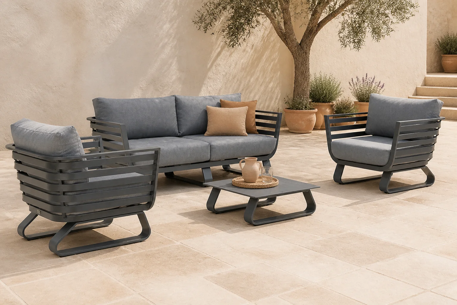 Sfeerfoto van Santika Furniture Sovita stoel-bank loungeset 4-delig – Grijs-antraciet
