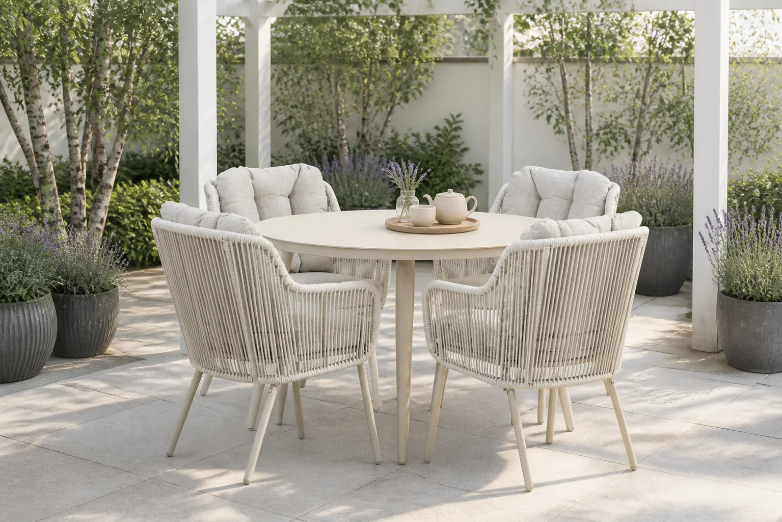 Sfeerfoto van Santika Furniture Nanda/Vienna 120 cm dining tuinset 5-delig – Taupe-naturel-bruin
