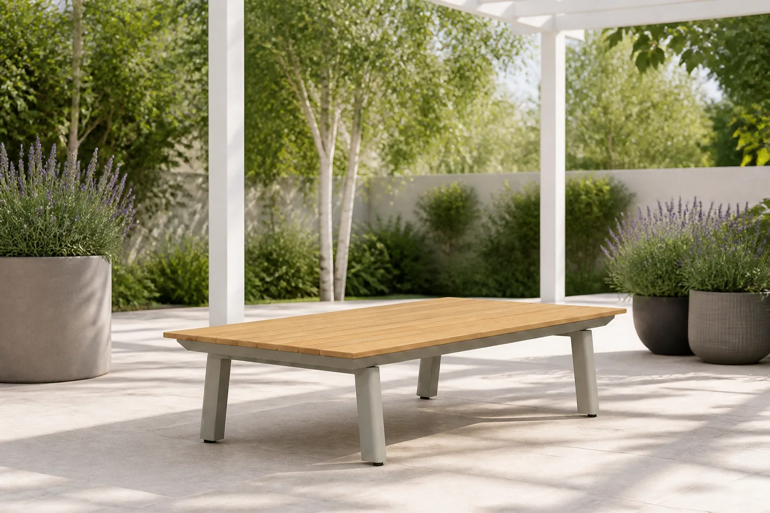 Sfeerfoto van LUX outdoor living Montana koffietafel | aluminium + teak | beige | 120x60cm