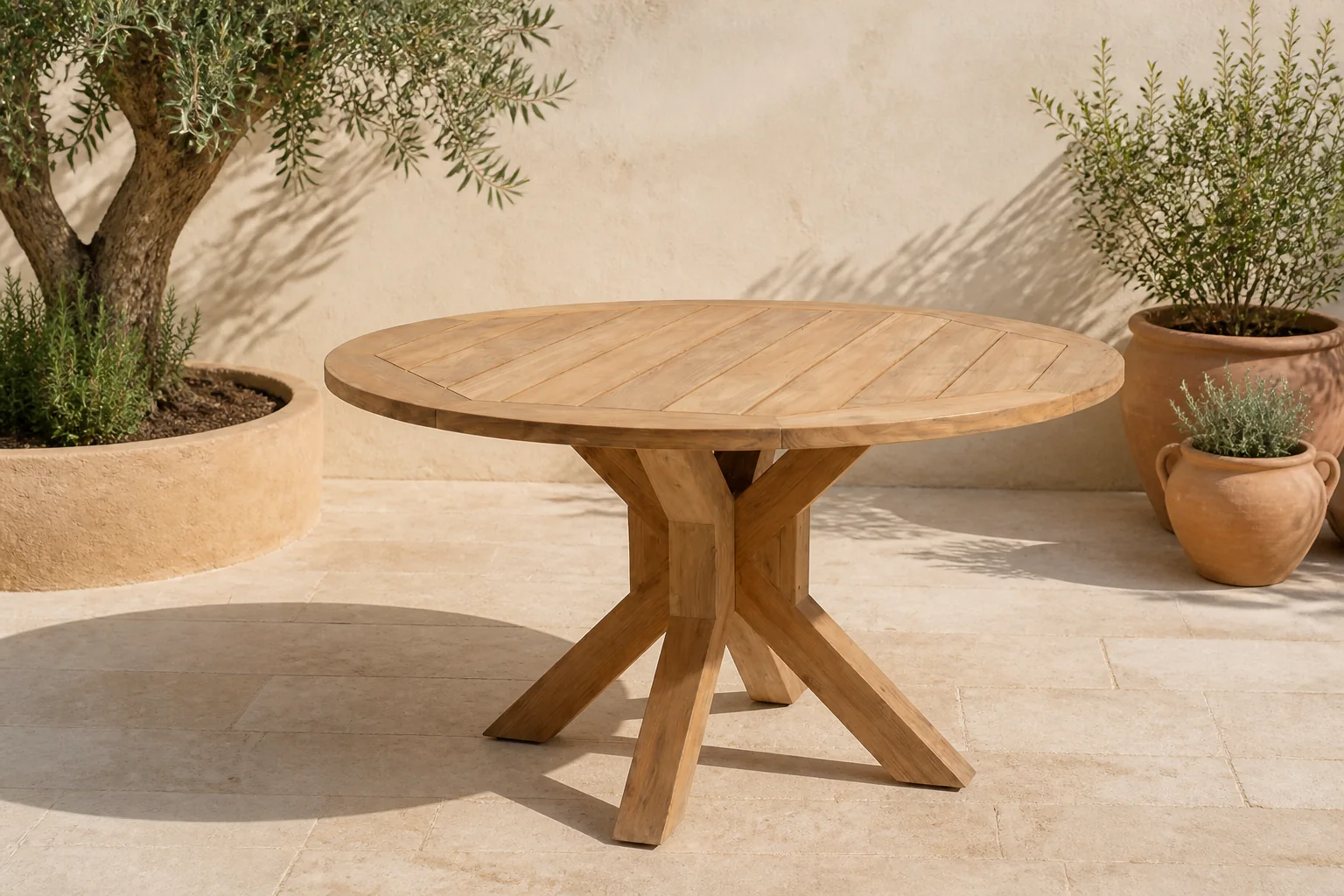 Sfeerfoto van BUITEN living Genua dining tuintafel 4 personen | teakhout | Natural Teak | 120cm rond