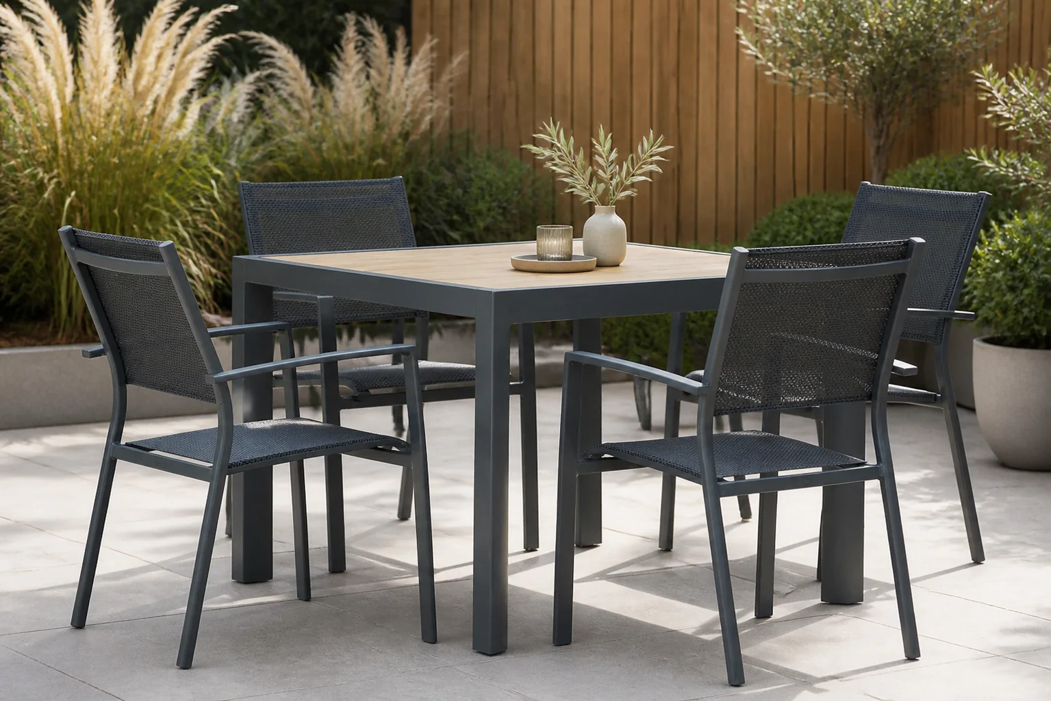 Sfeerfoto van Lifestyle Garden Furniture Sella/Borello 100 cm dining tuinset 5-delig – Grijs-antraciet