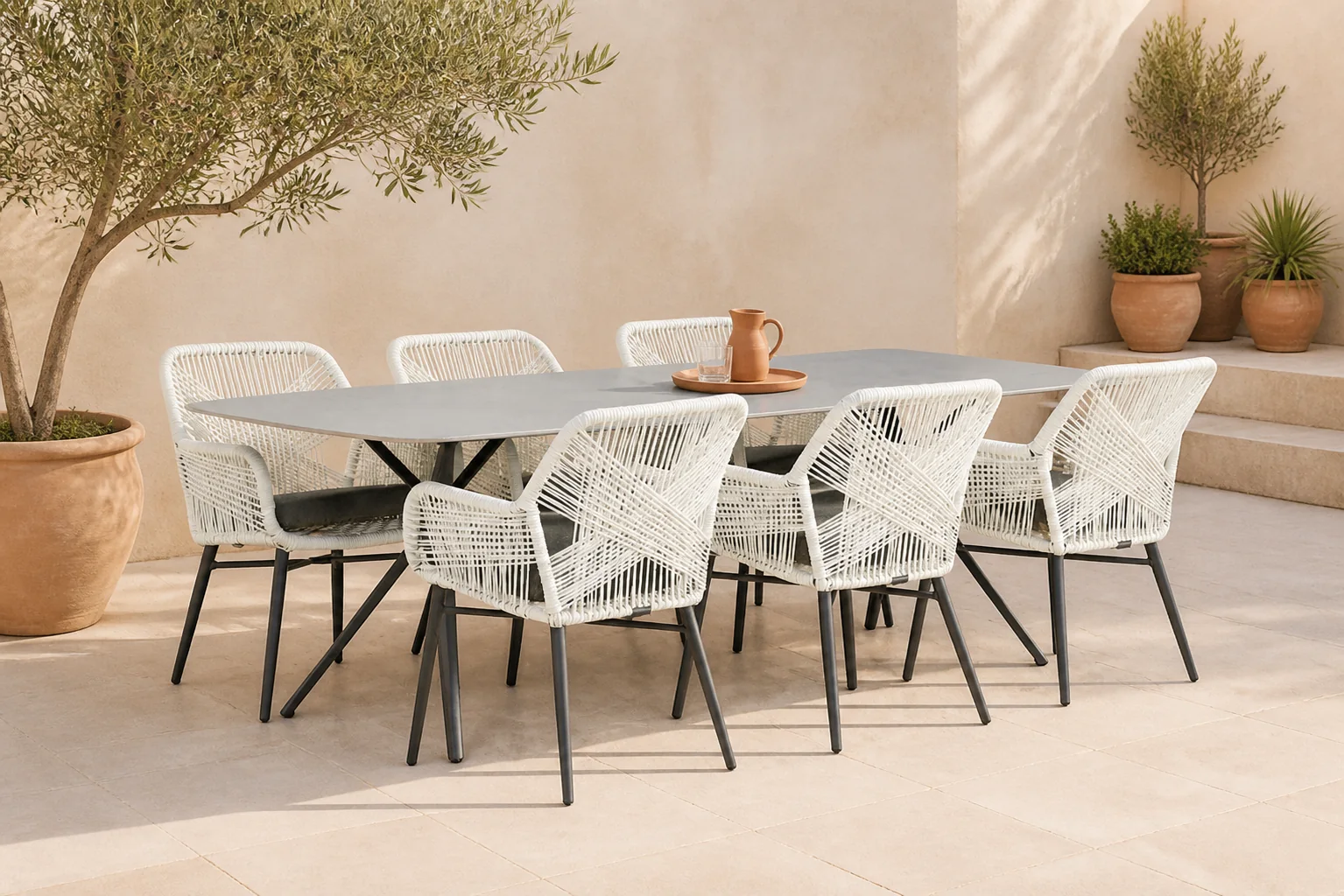 Sfeerfoto van Lifestyle Garden Furniture Advance/Valerio 240 cm dining tuinset 7-delig – Wit