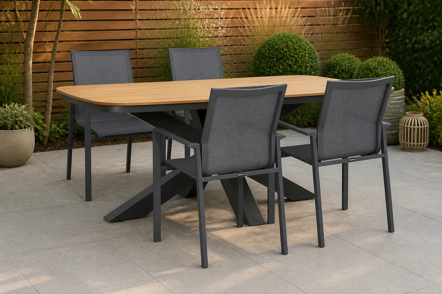 Sfeerfoto van Lifestyle Garden Furniture Timo/Camila 180×100 cm dining tuinset 5-delig – Grijs-antraciet