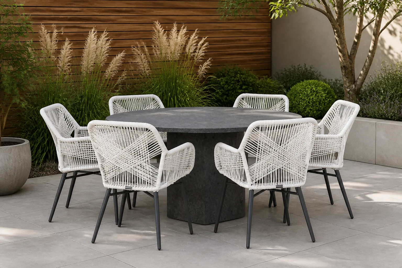 Sfeerfoto van Lifestyle Garden Furniture Advance/Graniet 140 cm rond dining tuinset 7-delig – Wit