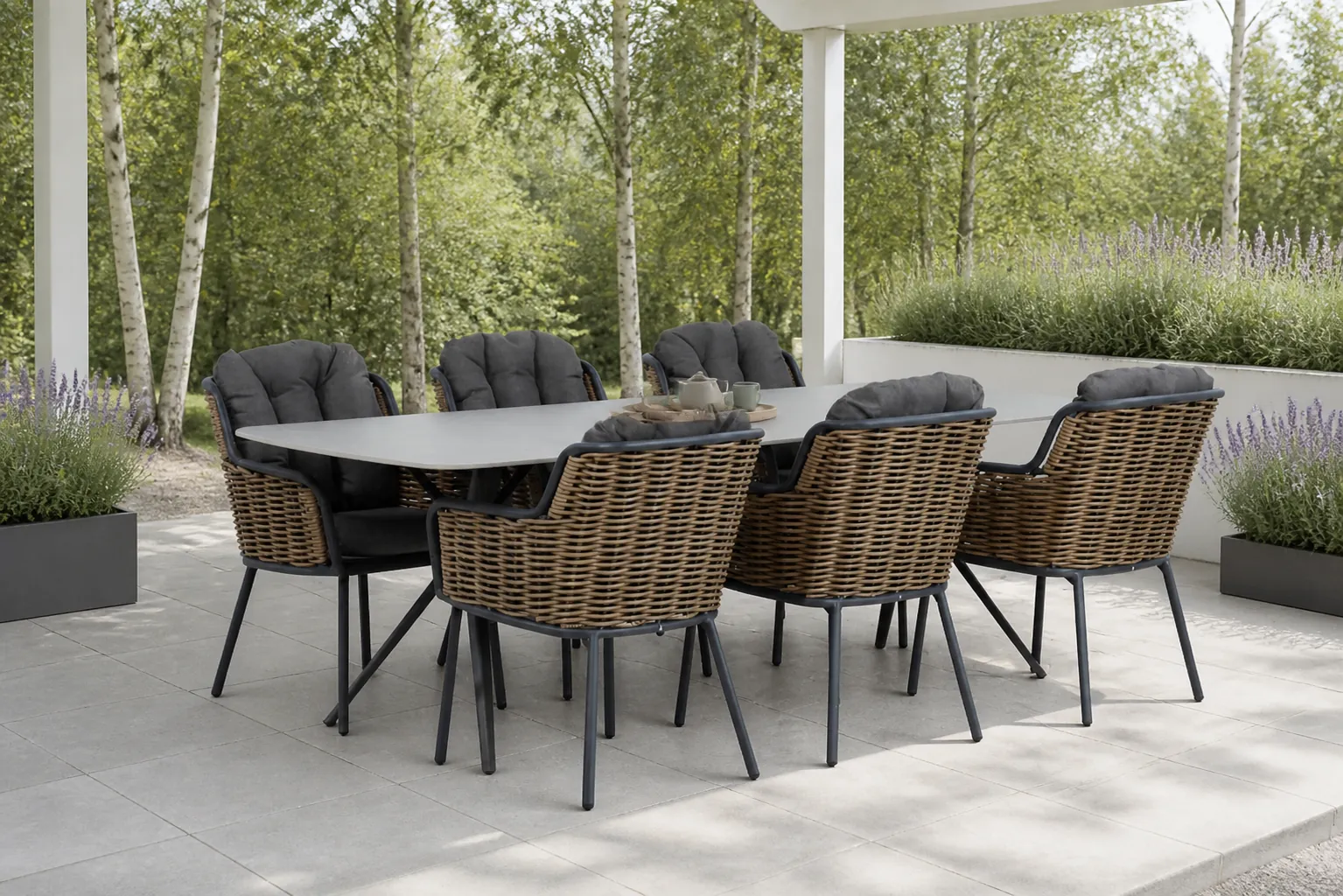 Sfeerfoto van Santika Furniture Fasano/Valerio 240 cm dining tuinset 7-delig – Grijs-antraciet