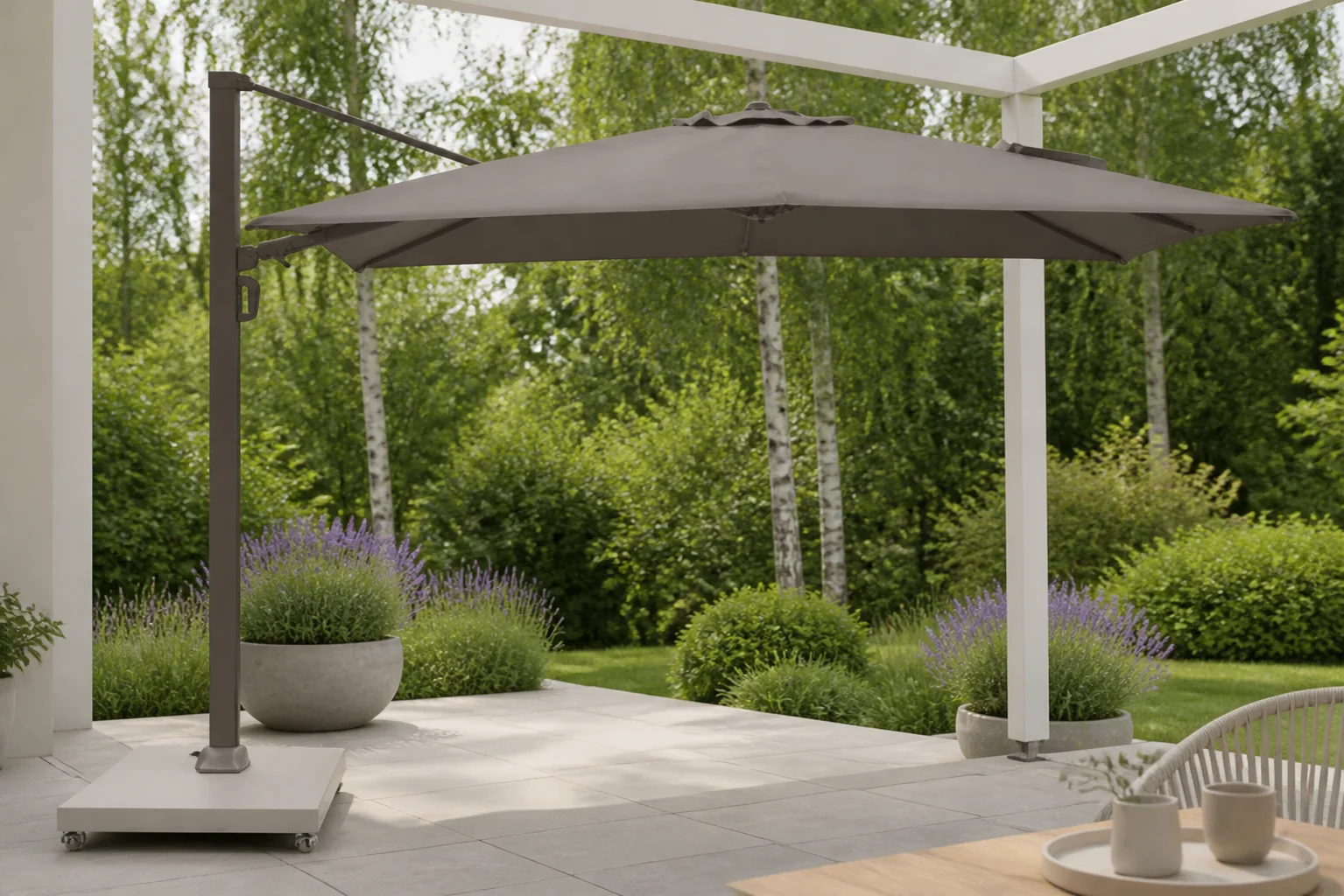 Sfeerfoto van Camello Luna zweefparasol 2.6×3.5m Mocha (excl. voet) – Taupe-naturel-bruin