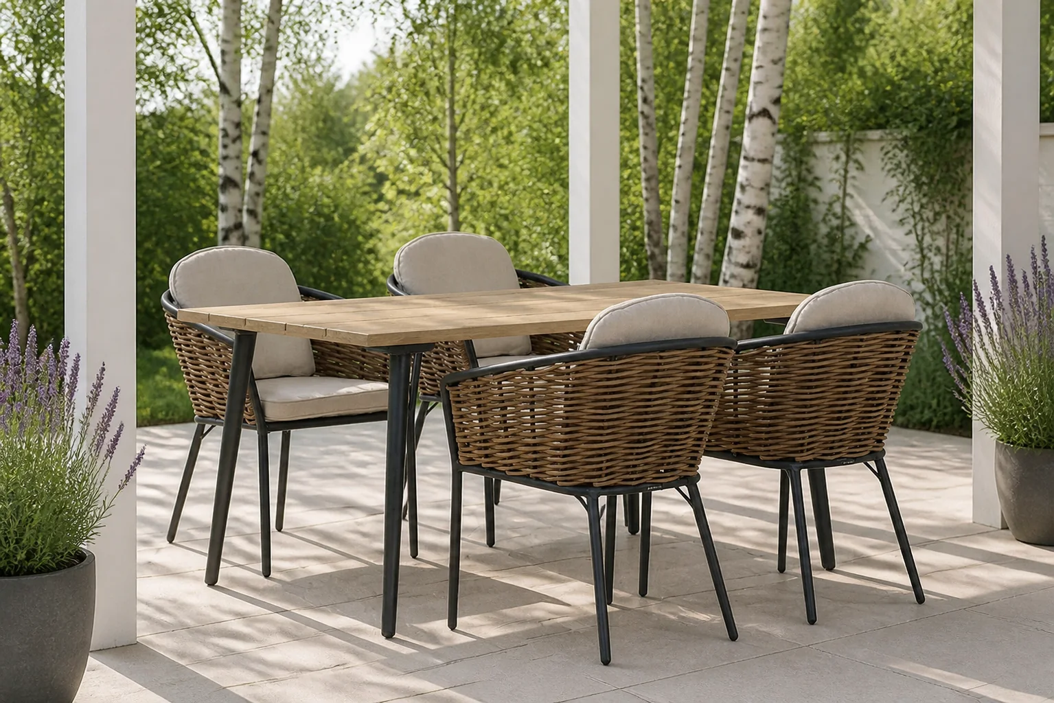 Sfeerfoto van Lifestyle Garden Furniture Nice/Montana 180 cm dining tuinset 5-delig – Grijs-antraciet