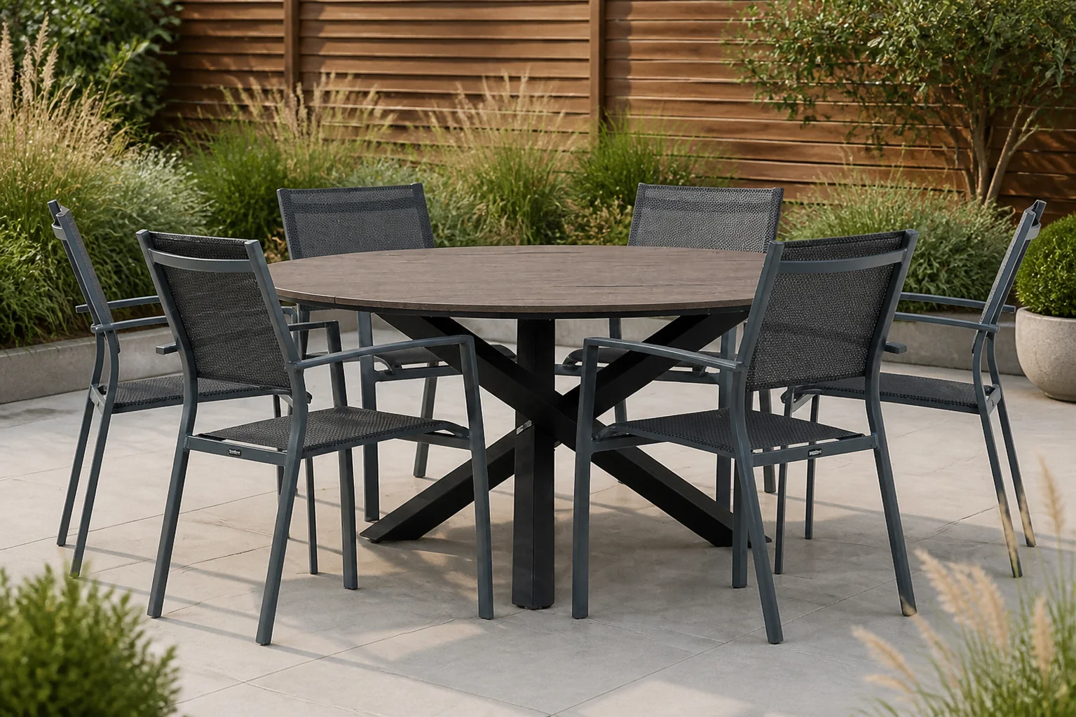 Sfeerfoto van Lifestyle Garden Furniture Sella/Ancona 150 cm dining tuinset 7-delig – Grijs-antraciet