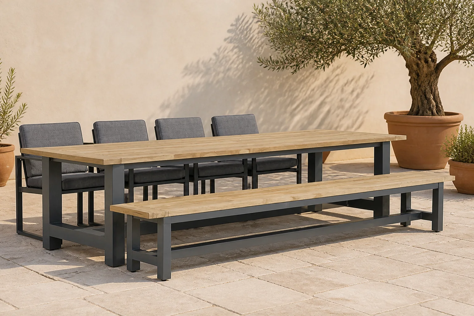 Sfeerfoto van Santika Furniture Zaga/San Fransisco 300 cm dining tuinset 6-delig – Grijs-antraciet