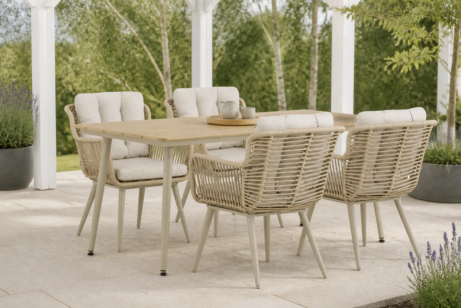 Sfeerfoto van Coco Custa/Matale 180 cm dining tuinset 5-delig – Taupe-naturel-bruin
