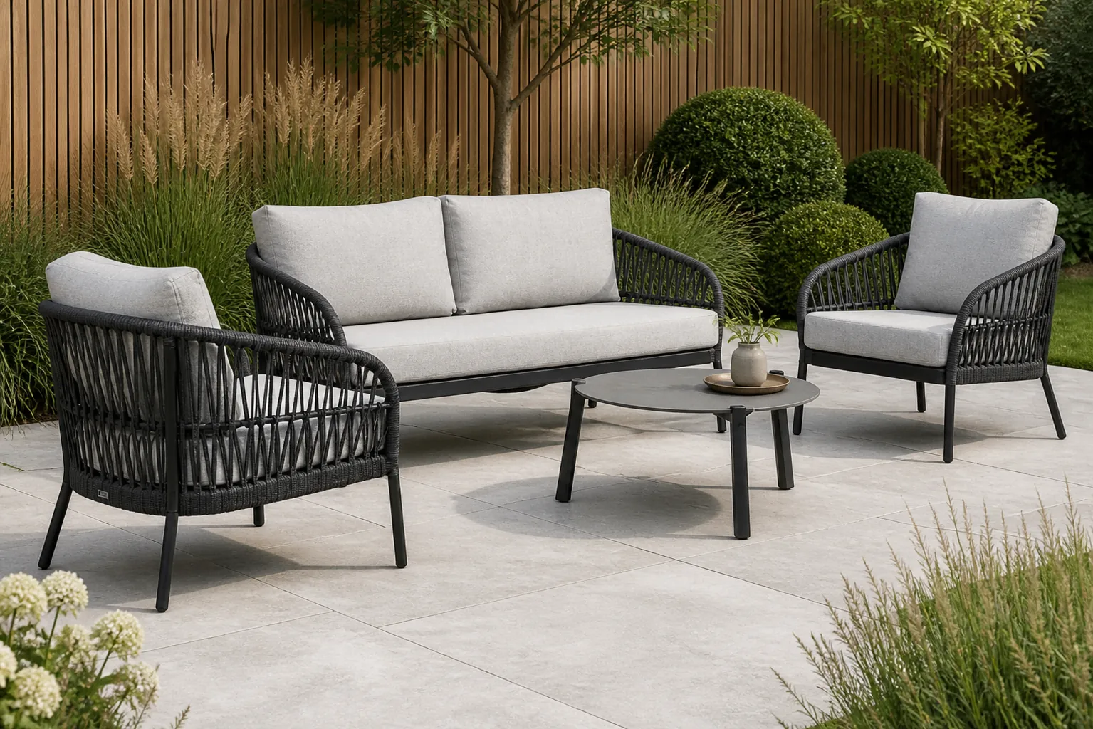 Sfeerfoto van Coco Puerto/Rimini 75 cm stoel-bank loungeset 4-delig – Grijs-antraciet