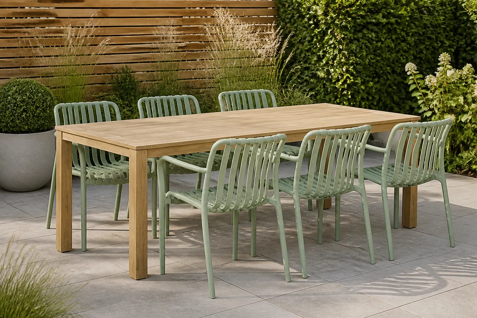 Sfeerfoto van Domani Furniture Alba/Weston 210×90 cm dining tuinset 7-delig – Groen