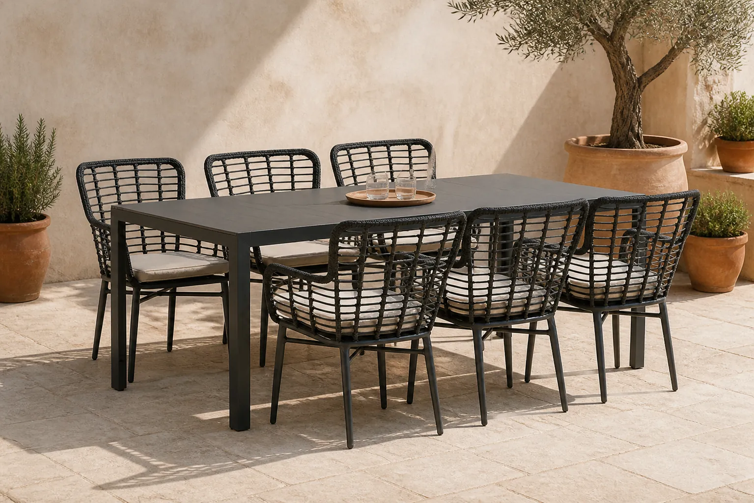 Sfeerfoto van De Laan Projects Laan Toledo/Solare 200 cm dining tuinset 7-delig – Zwart
