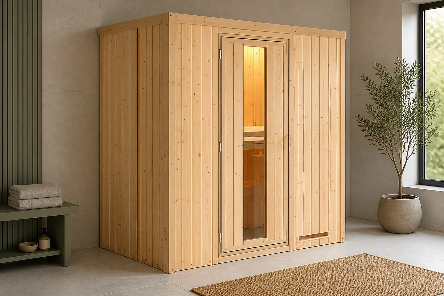 Sfeerfoto van Karibu | Variado Sauna met Dakkraag | Energiesparende Deur | Biokachel 9 kW Externe Bediening