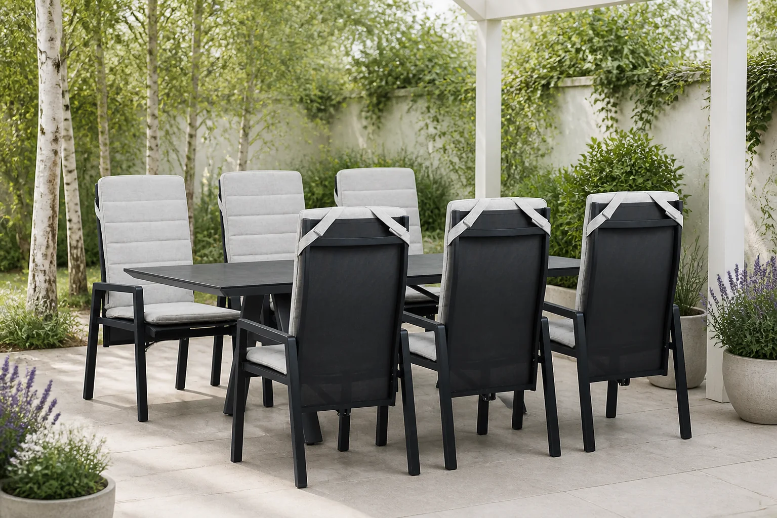 Sfeerfoto van Lifestyle Garden Furniture Vivaro/Monza 230×100 cm dining tuinset 7-delig – Grijs-antraciet