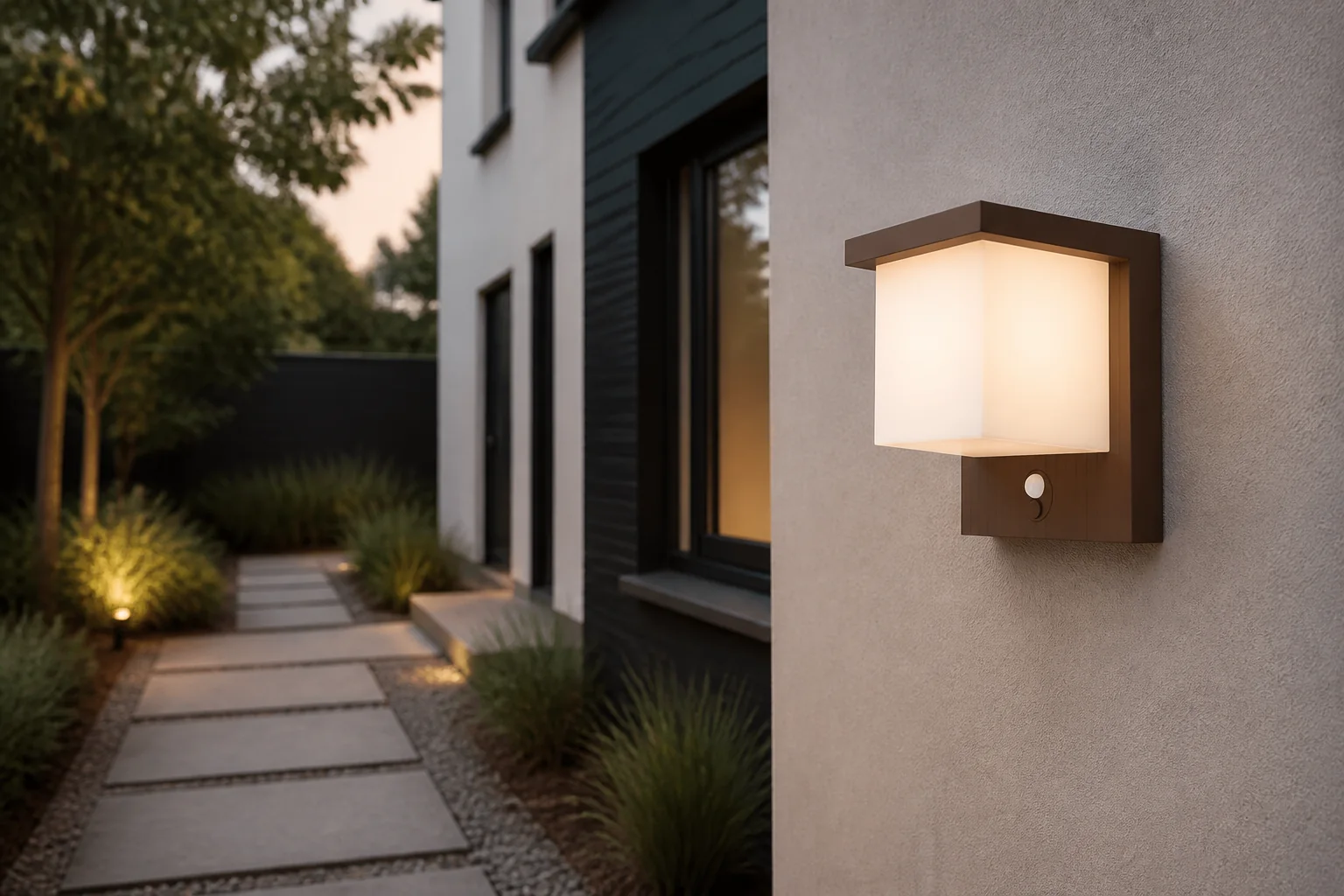 Sfeerfoto van EGLO Frigento Solar Wandlamp Buiten Sensor Oplaadbaar 15 cm Roestbruin/Melkkleurig – Roestbruin;Wit;