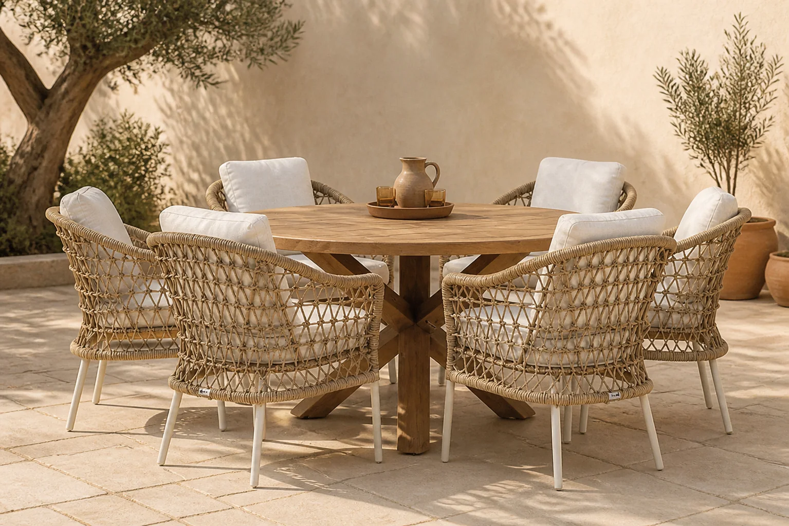 Sfeerfoto van Coco Bali/Sand City 160 cm dining tuinset 7-delig – Taupe-naturel-bruin