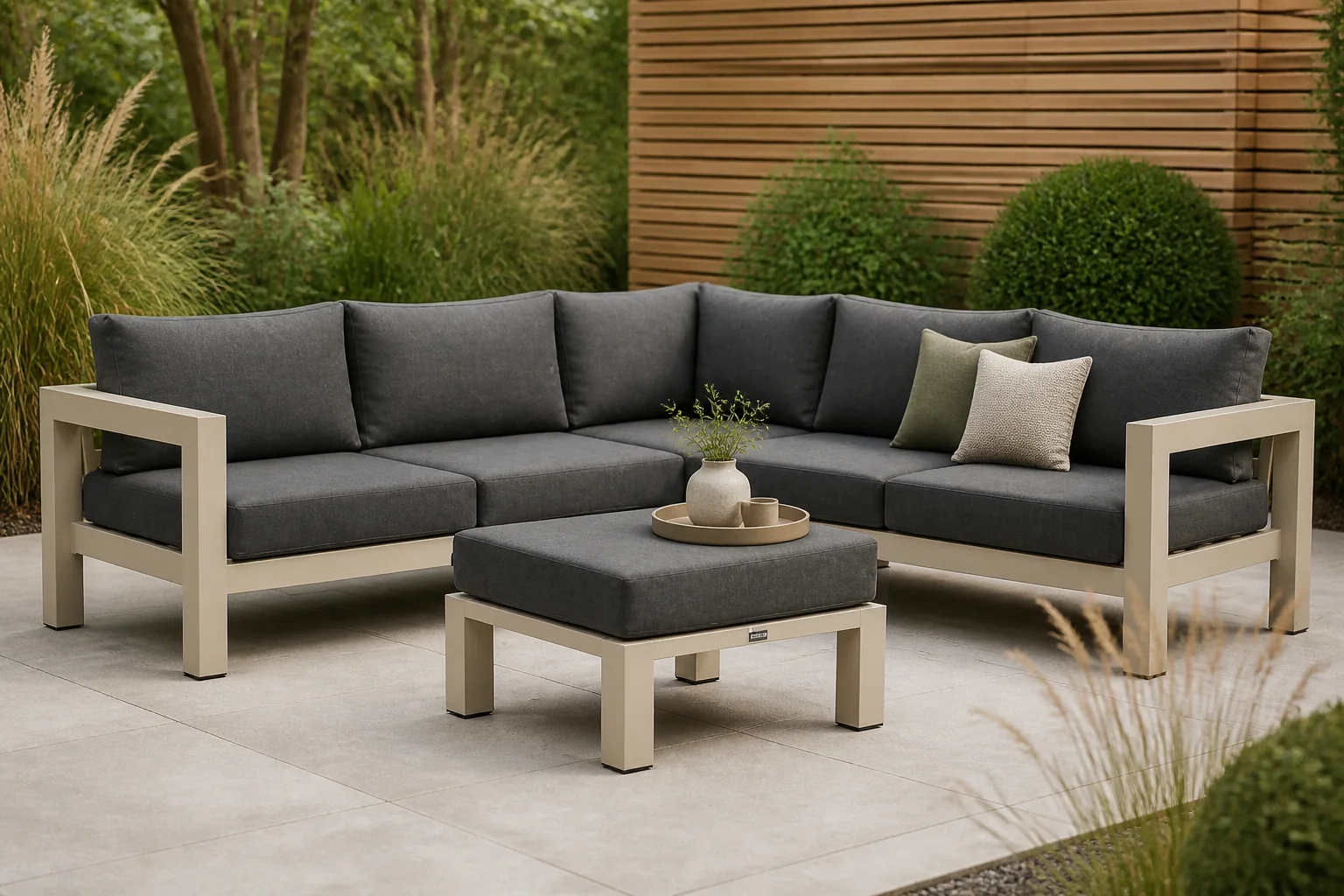 Sfeerfoto van Lifestyle Garden Furniture Luca hoek loungeset 4-delig – Taupe-naturel-bruin