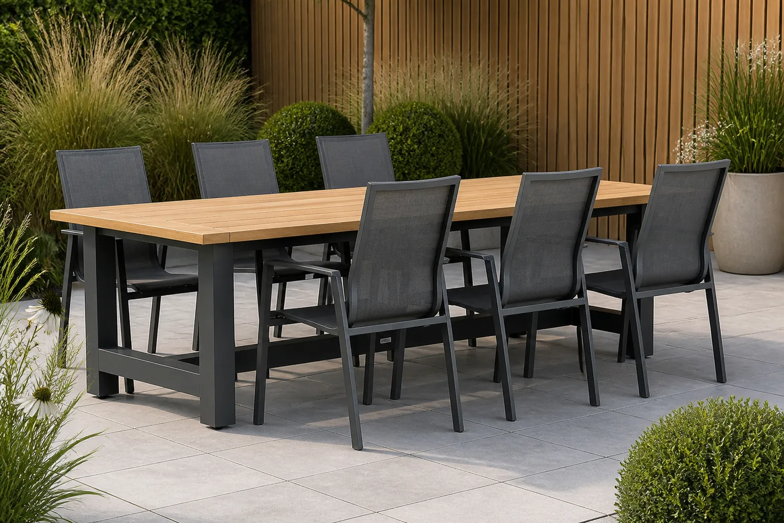 Sfeerfoto van Lifestyle Garden Furniture Ultimate/San Francisco 260 cm dining tuinset 7-delig – Grijs-antraciet