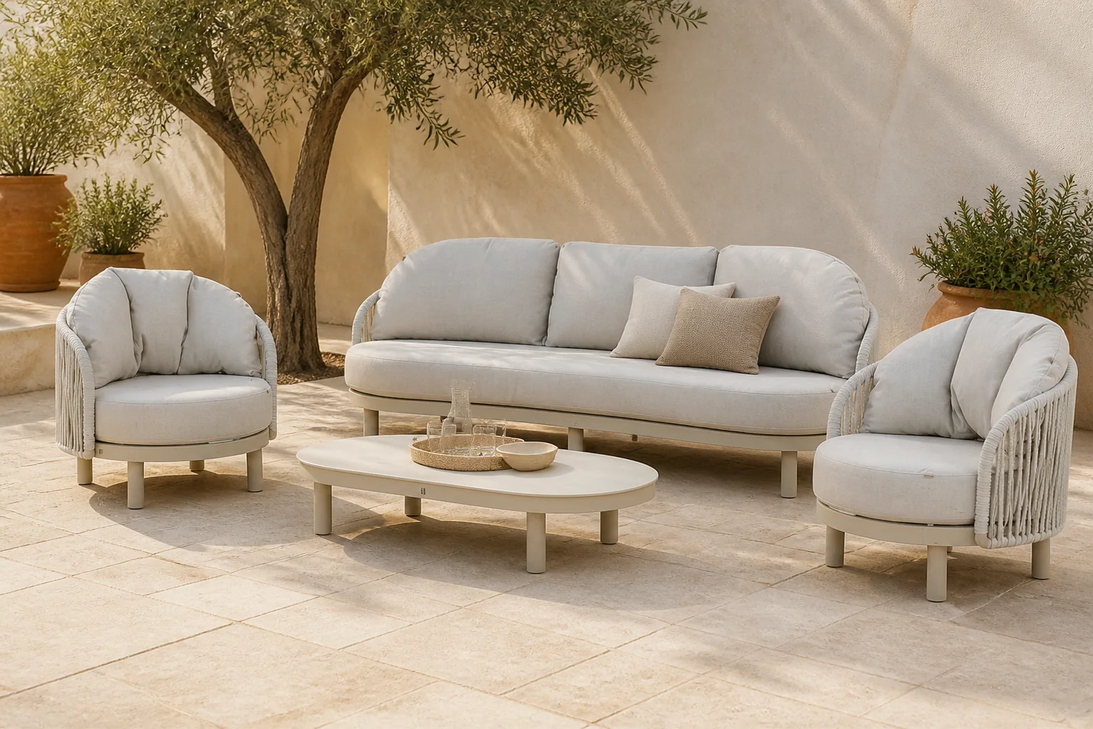 Sfeerfoto van Santika Furniture Nanda stoel-bank loungeset 4-delig – Taupe-naturel-bruin