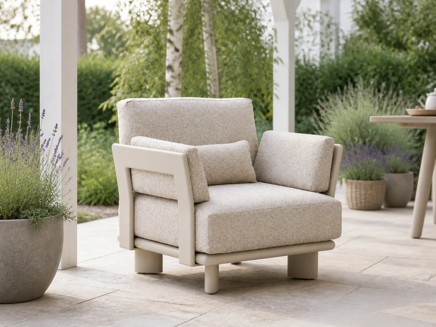 Sfeerfoto van Bellagio tuinmeubelen + 15% kassakorting | Bellagio Battuello lounge tuinstoel – Taupe
