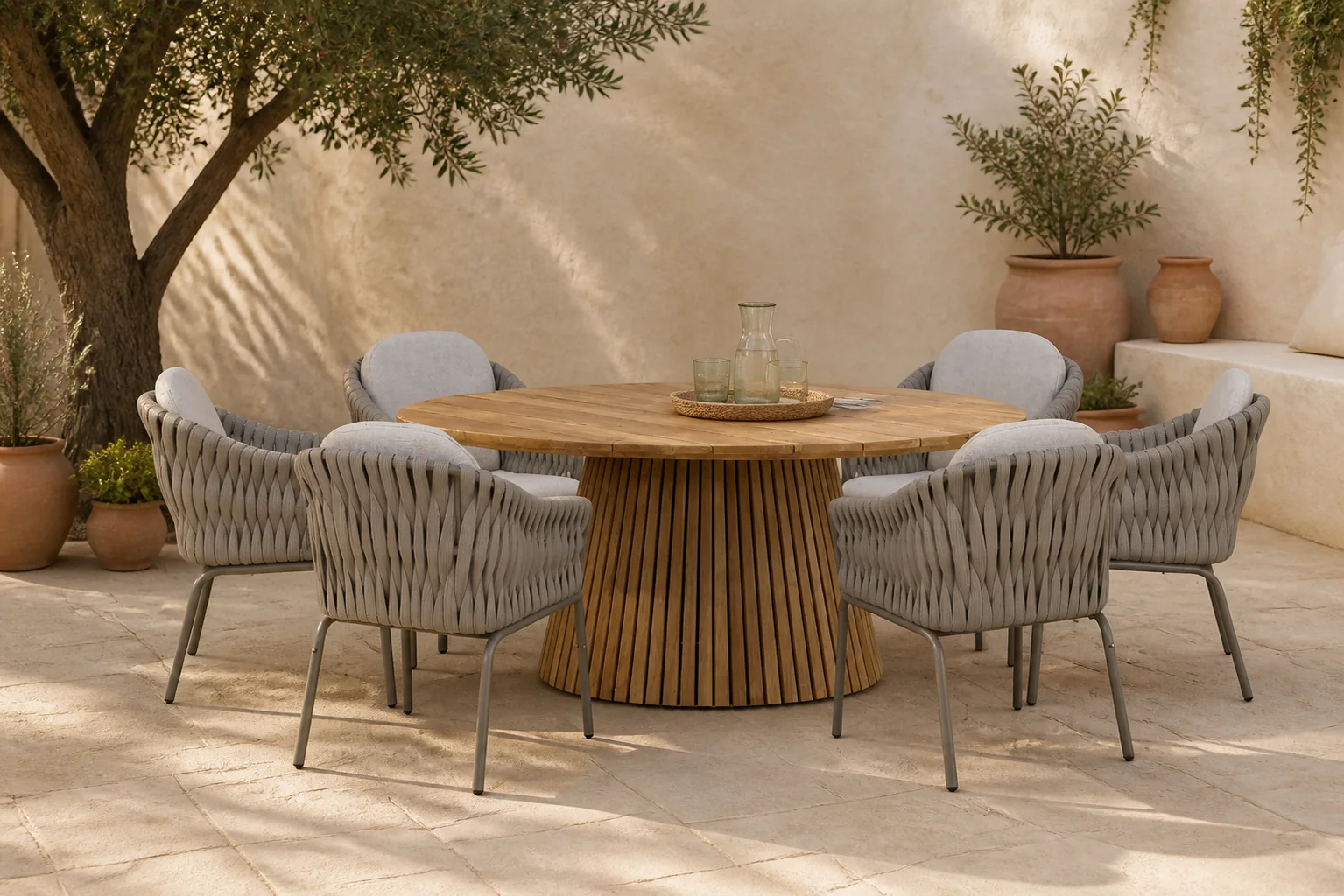 Sfeerfoto van Santika Furniture Amadora/Fungo 180 cm dining tuinset 7-delig – Taupe-naturel-bruin
