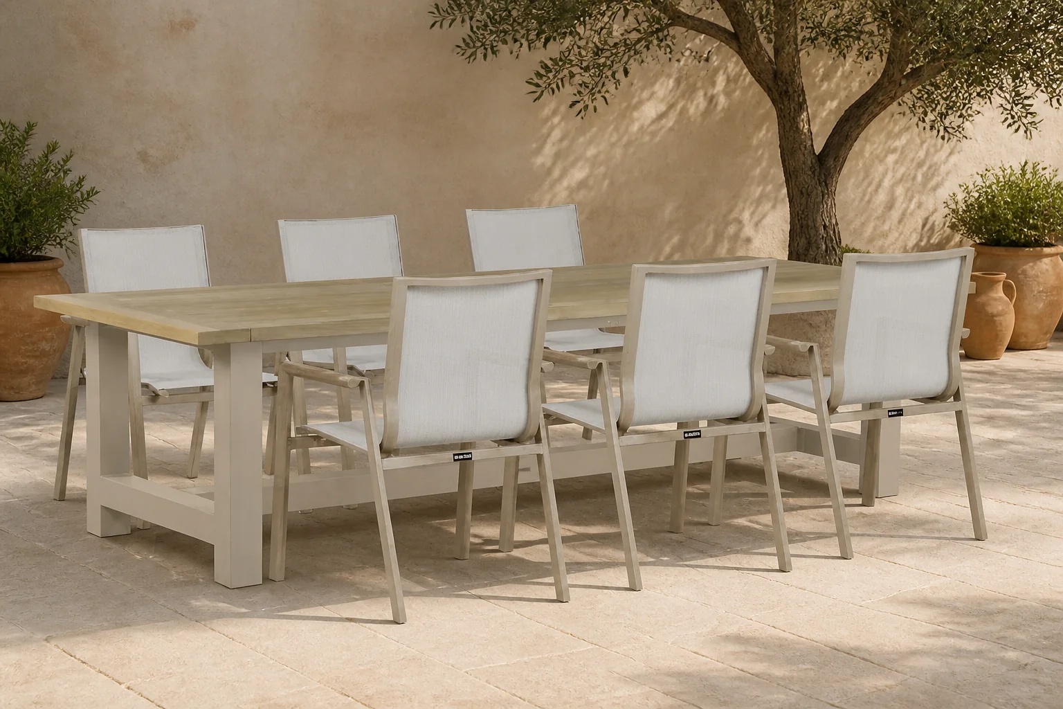 Sfeerfoto van Lifestyle Garden Furniture Fiora/San Francisco 260×100 cm dining tuinset 7-delig – Zand/Beige