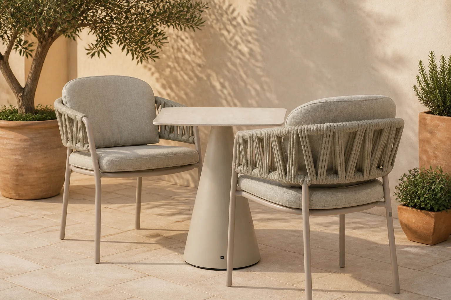 Sfeerfoto van 4 Seasons Outdoor Calma/Serino 70×70 cm dining tuinset 3-delig – Zand/Beige