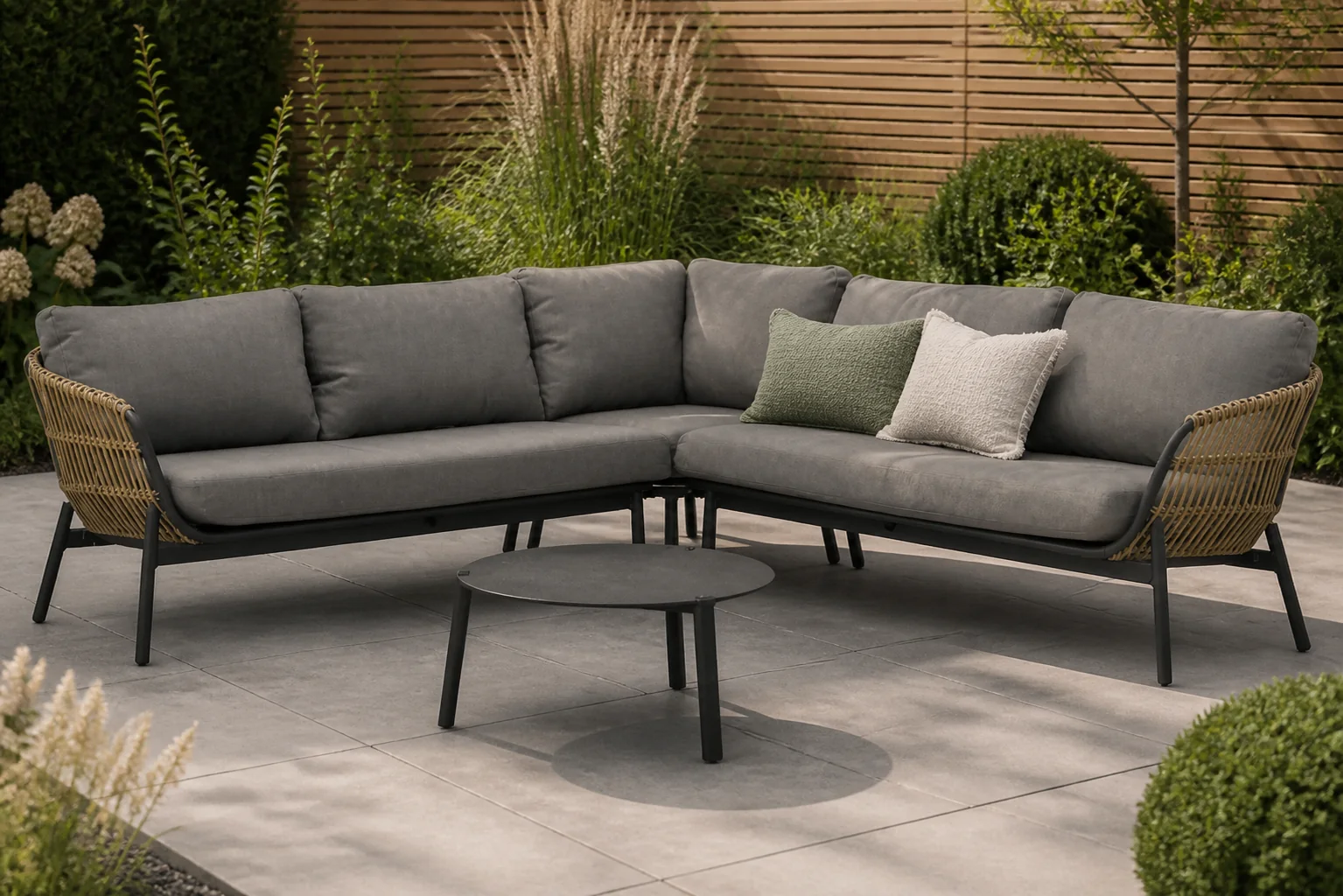 Sfeerfoto van Coco Nathan/Rimini 60 cm hoek loungeset 4-delig – Taupe-naturel-bruin