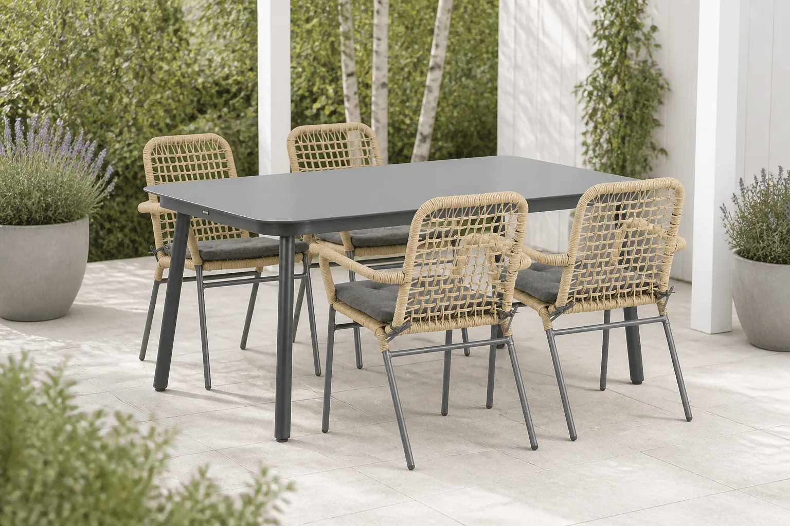 Sfeerfoto van De Laan Projects Lifestyle Catalone/Tavano 160 cm dining tuinset 5-delig – Taupe-naturel-bruin