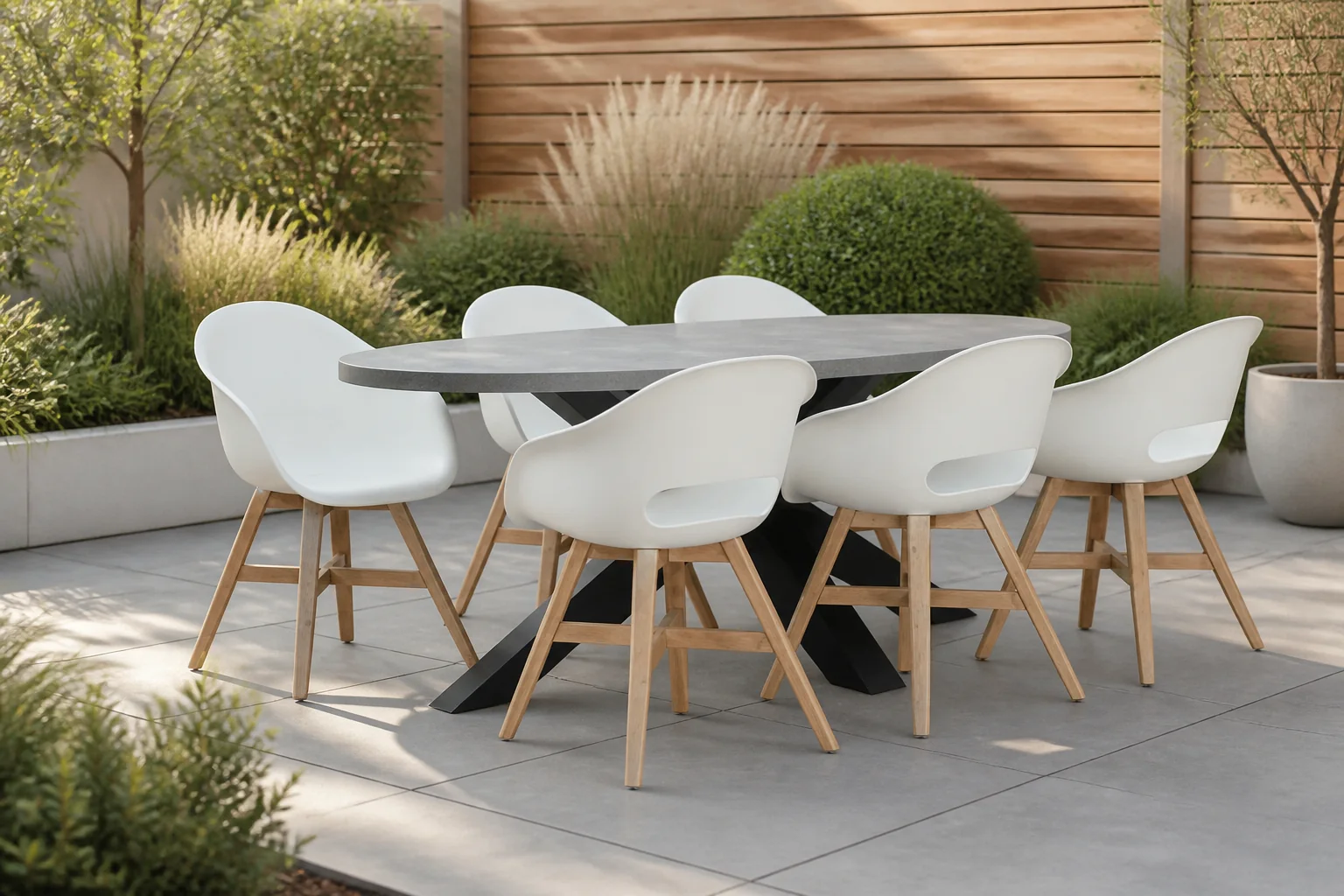 Sfeerfoto van BUITEN living Stockholm/Karlstad wit dining tuinset | 6 personen | betonlook + kunststof | 200cm ovaal