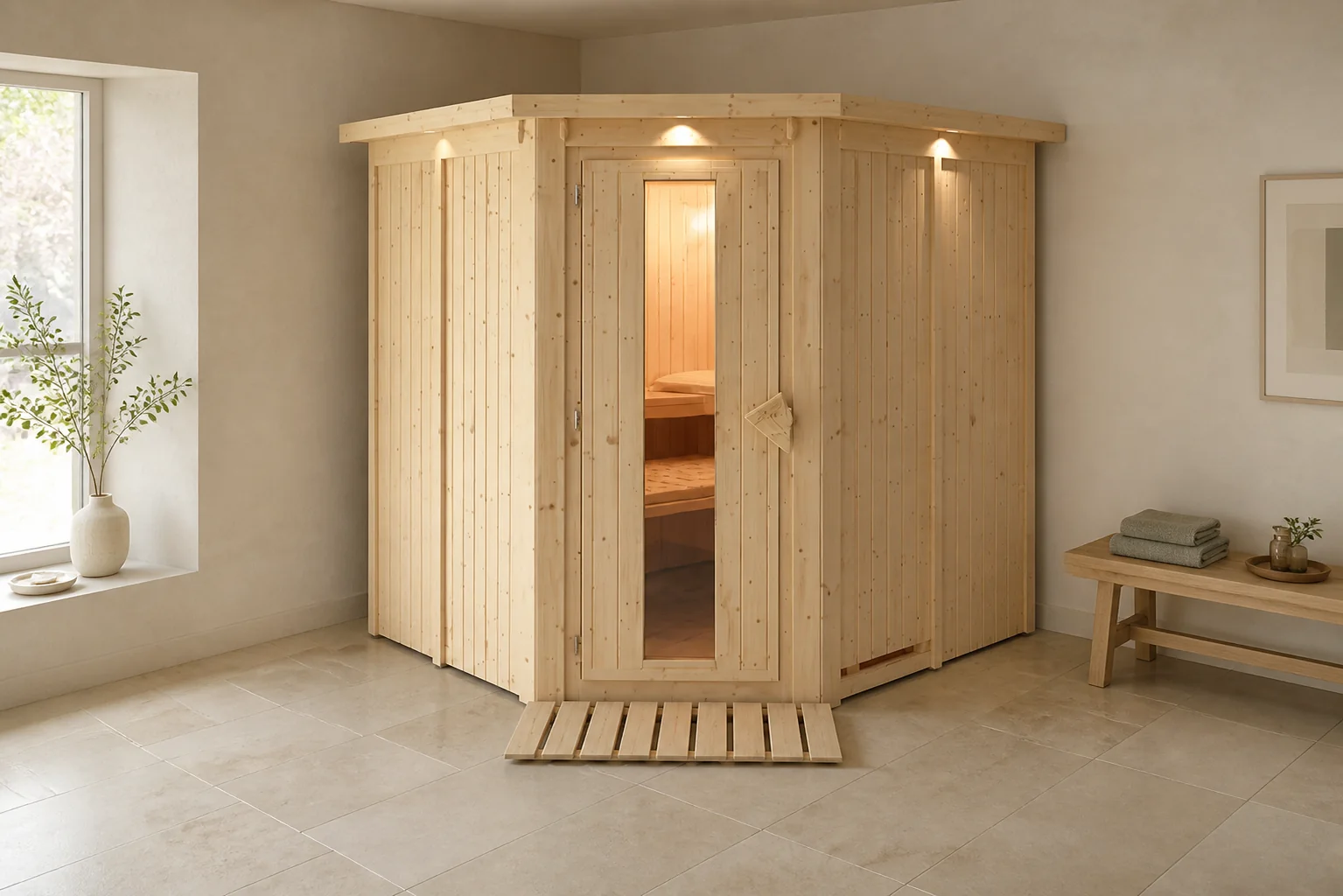 Sfeerfoto van Karibu | Jarin Sauna | Bronzeglas Deur | Kachel 9 kW Geïntegreerde Bediening