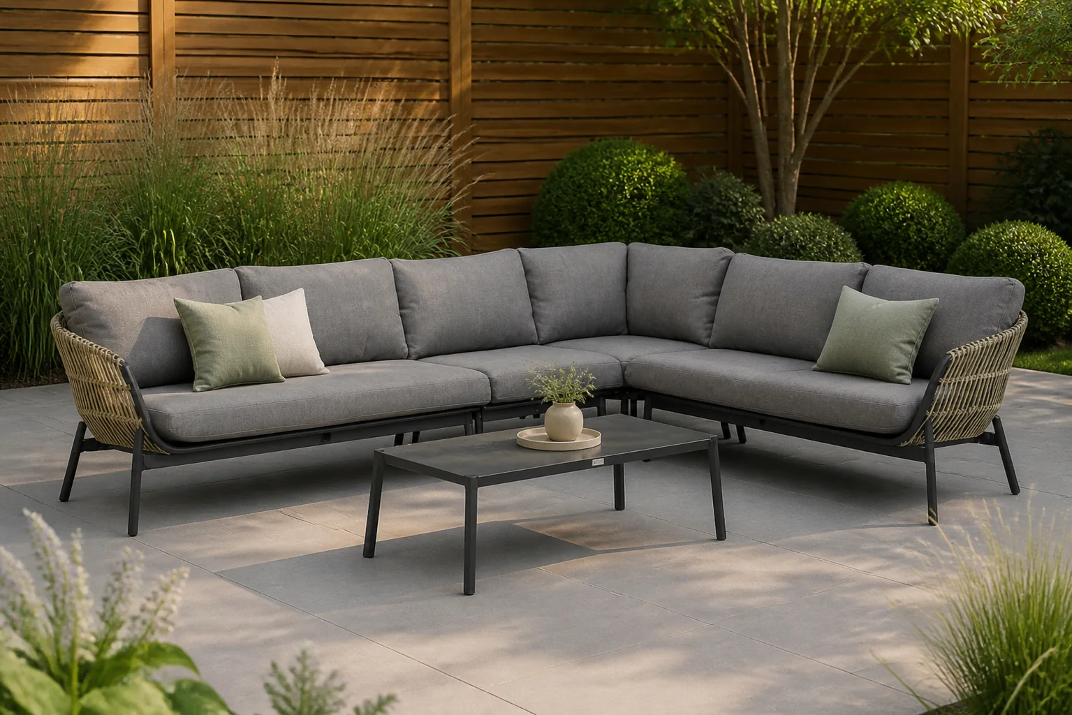 Sfeerfoto van Coco Nathan/Rimini hoek loungeset 5-delig – Taupe-naturel-bruin