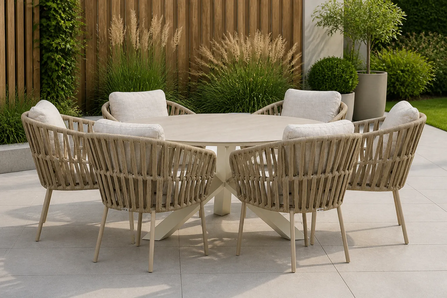Sfeerfoto van Coco Elara/Xento 150 cm dining tuinset 7-delig – Zand/Beige
