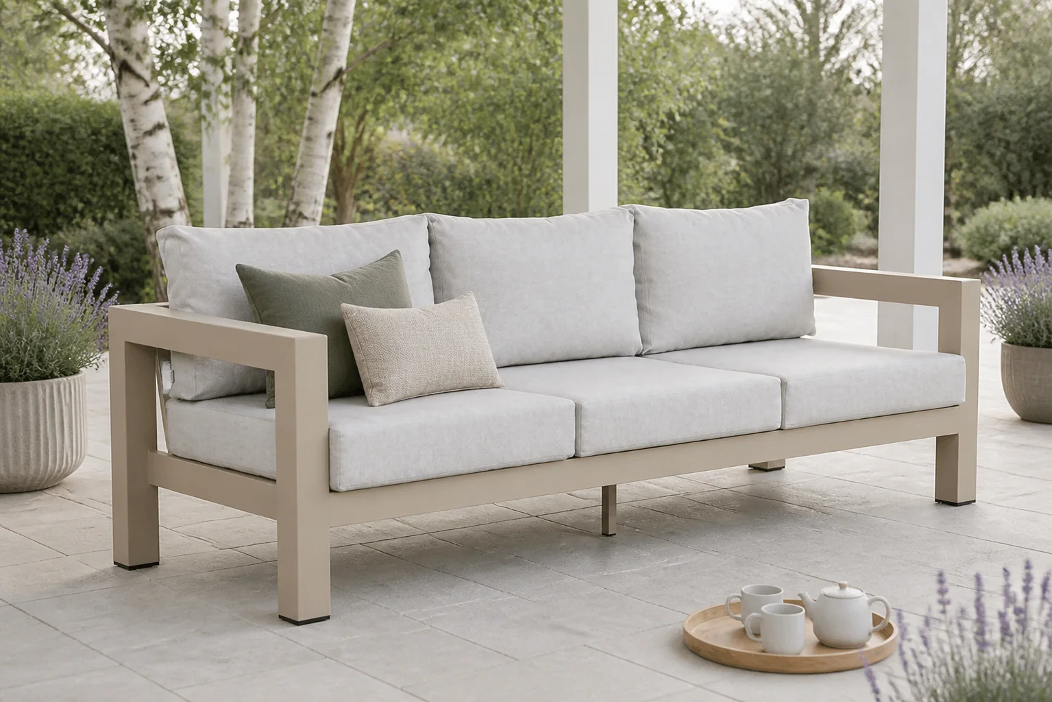 Sfeerfoto van Lifestyle Garden Furniture Luca lounge tuinbank 3-zits – Taupe-naturel-bruin