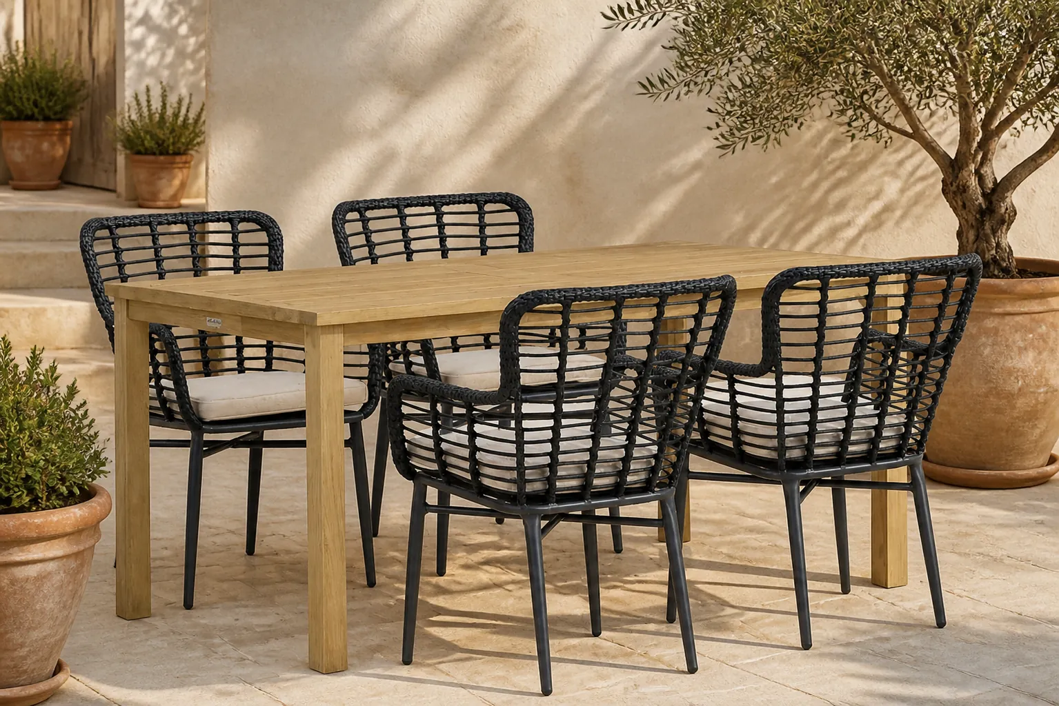 Sfeerfoto van De Laan Projects Laan Toledo/Weston 160 cm dining tuinset 5-delig – Zwart
