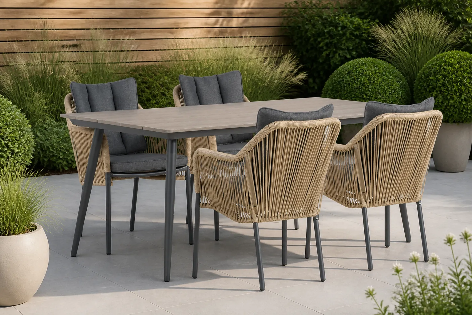 Sfeerfoto van De Laan Projects Laan Marbella/Matale 180 cm dining tuinset 5-delig – Taupe-naturel-bruin