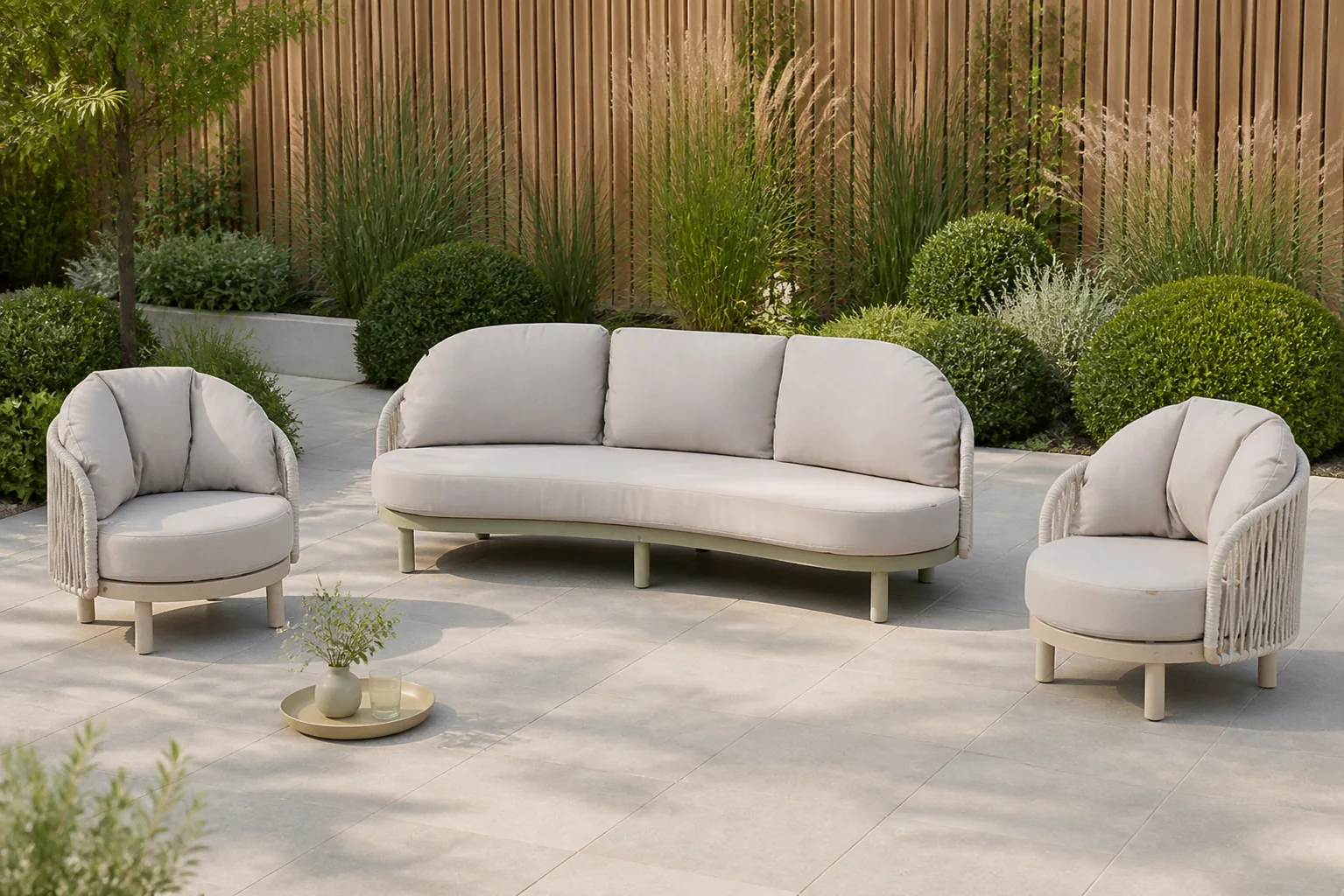 Sfeerfoto van Santika Furniture Nanda stoel-bank loungeset 3-delig – Taupe-naturel-bruin