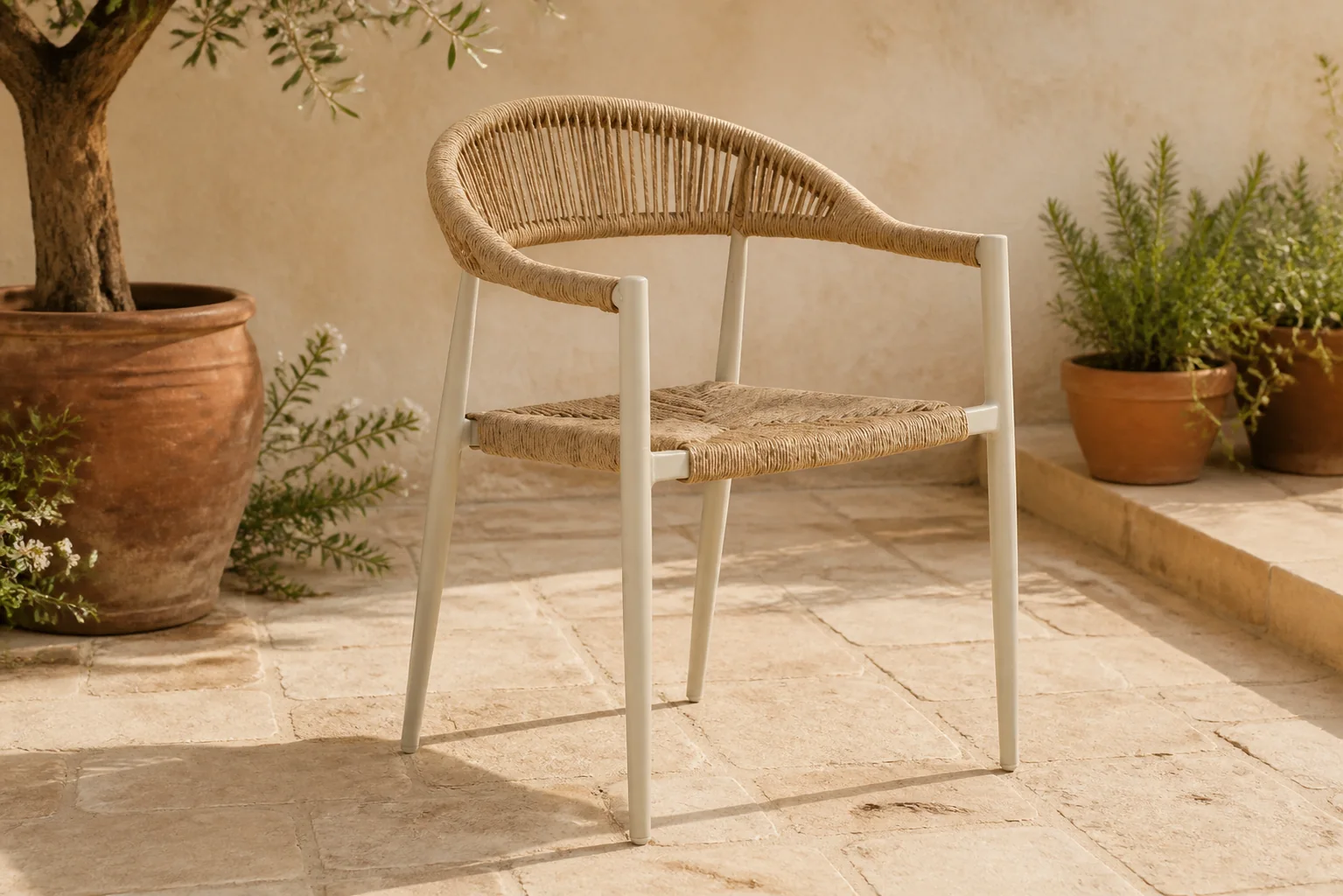 Sfeerfoto van De Laan Projects Laan Granada dining tuinstoel – Taupe-naturel-bruin