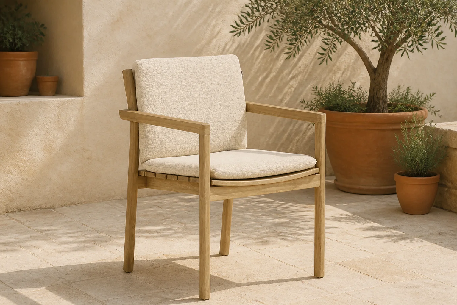 Sfeerfoto van Santika Furniture Suka dining tuinstoel – Old teak greywash