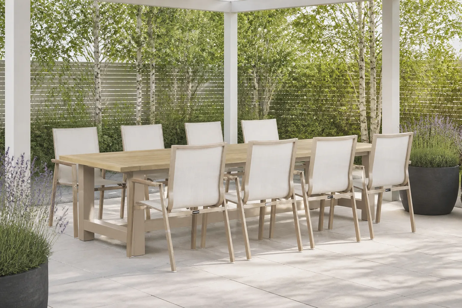 Sfeerfoto van Lifestyle Garden Furniture Fiora/San Francisco 300×100 cm dining tuinset 9-delig – Zand/Beige