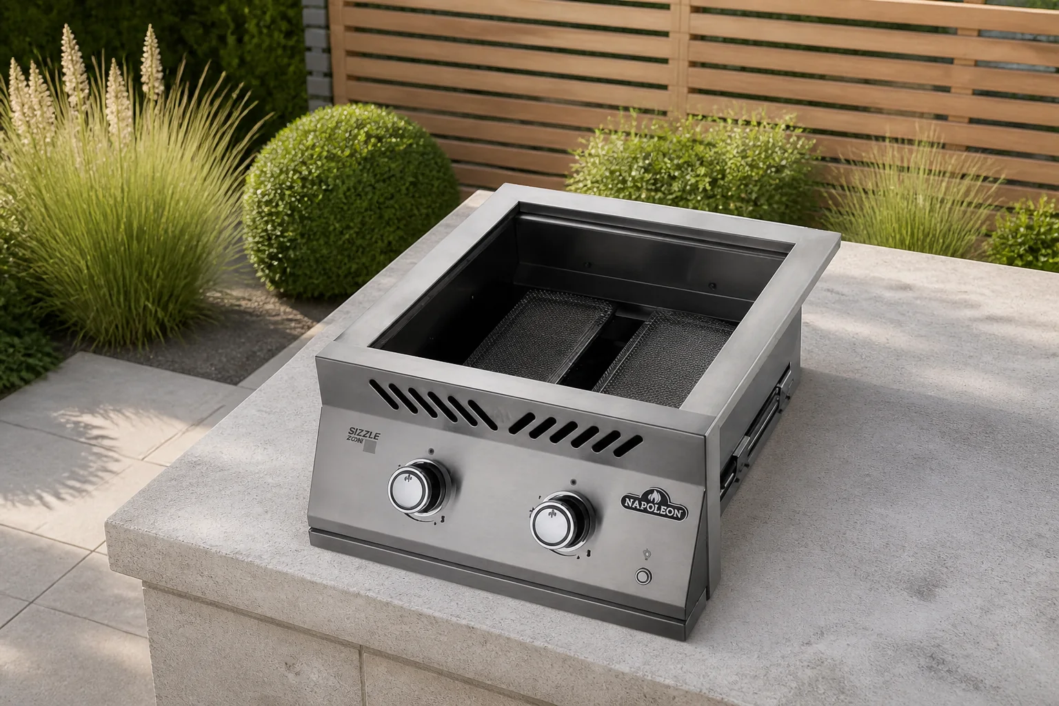Sfeerfoto van Napoleon grills 700-Series inbouw SIZZLE ZONE groot BBQ