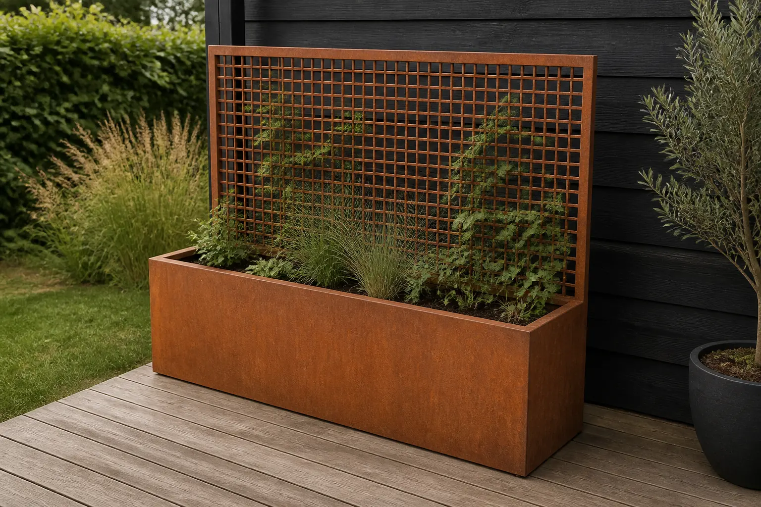 Sfeerfoto van Geroba Verta Rechthoekige plantenbak cortenstaal met klimnet L200 x B50 x H163 cm – bruin