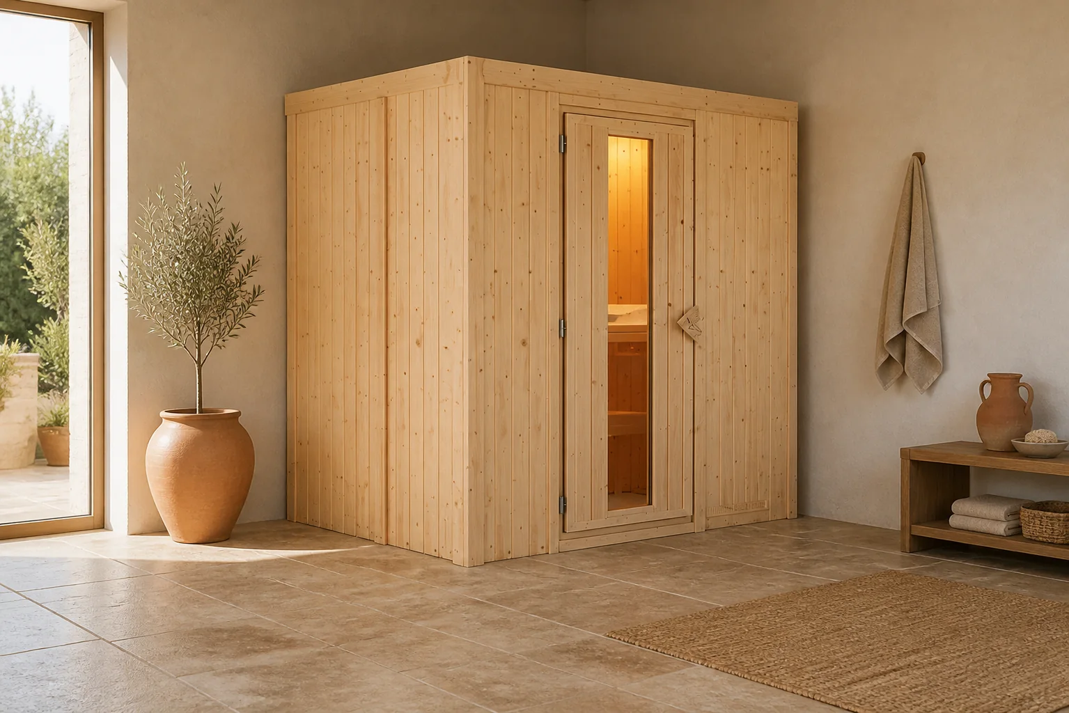 Sfeerfoto van Karibu | Nanja Sauna met Dakkraag | Helderglas Deur | Kachel 3,6 kW Externe Bediening
