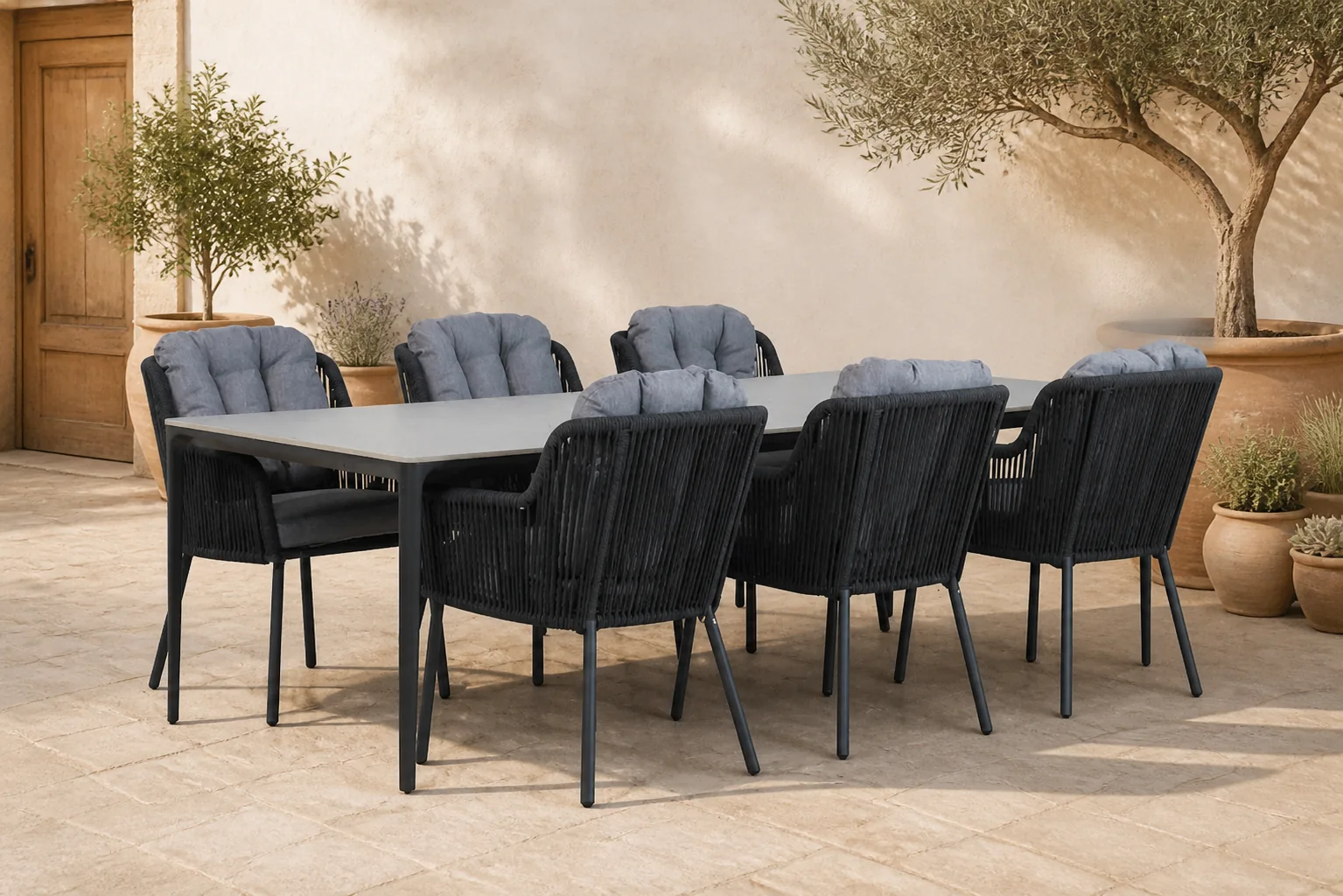Sfeerfoto van Santika Furniture Tendenza/Gianna 240 cm dining tuinset 7-delig – Grijs-antraciet
